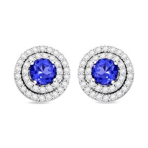 Elegant Simulated Tanzanite And Diamond Silver Stud Earrings